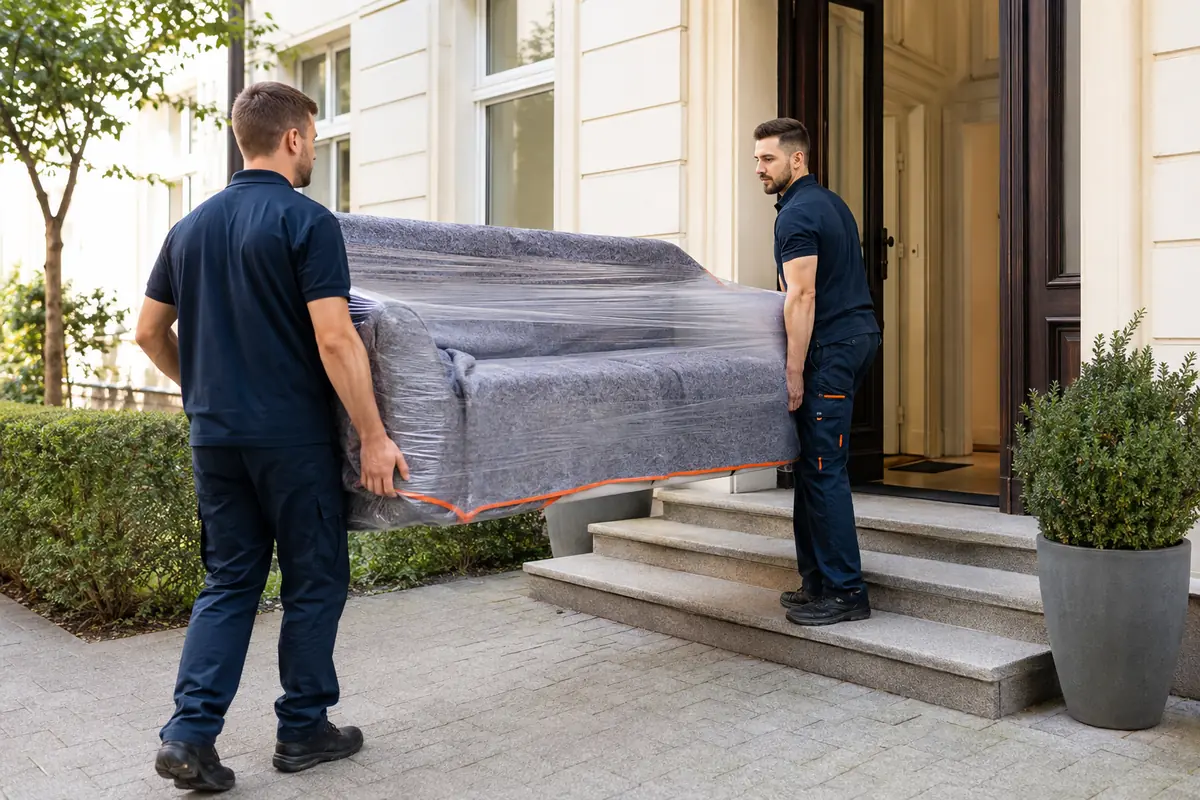 Umzugshelfer transportieren ein geschütztes Sofa sorgfältig in ein Wohnhaus