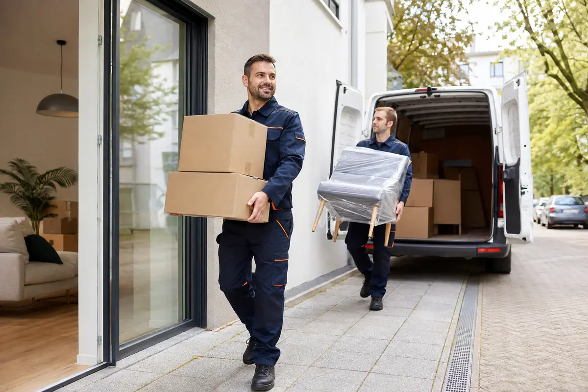 Professionelle Umzugshelfer transportieren Kartons und Möbel